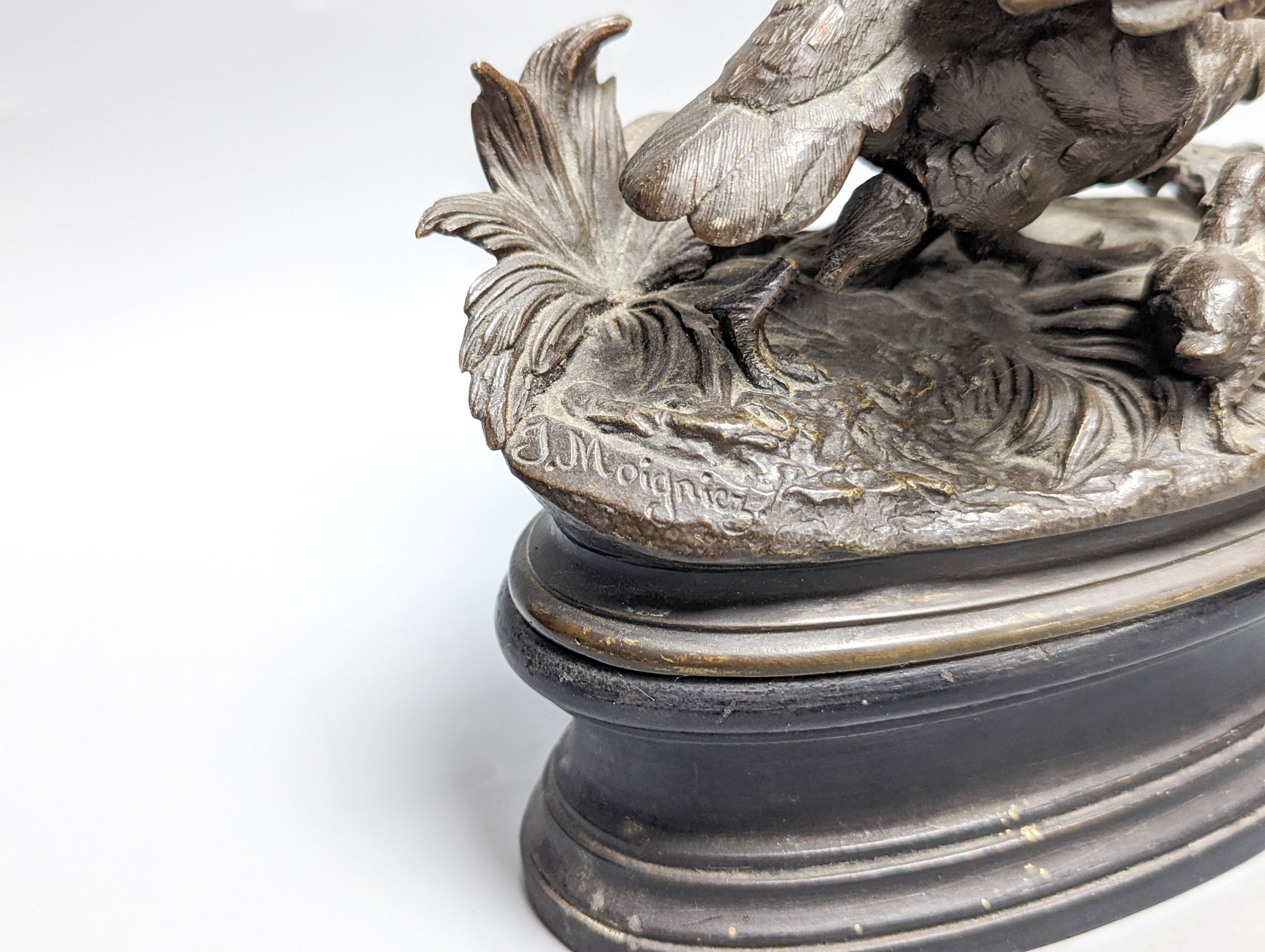 After Moigniez, a pair of early 20th century bronze bird groups of pheasants and partridges 18cm